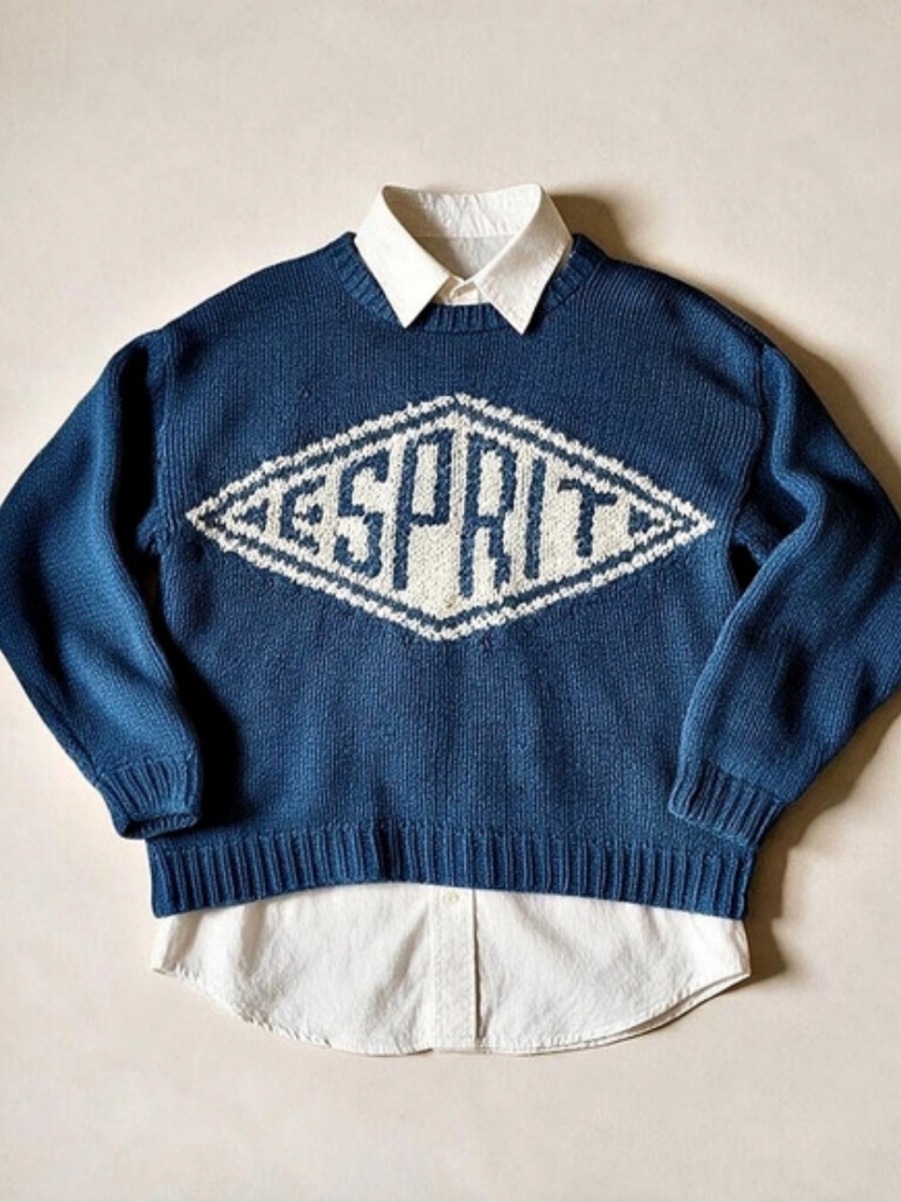 Rare Vintage 80s Esprit Sport Diamond Logo Sweater Blue 100% Wool